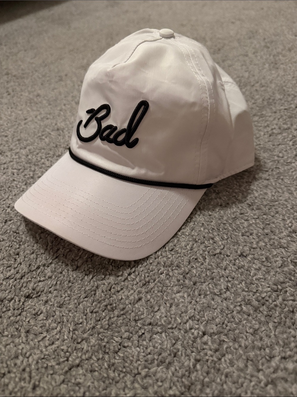 Bad Birdie White Hat with Black Script and Trim